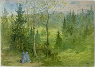 Qui est l'auteur de cette aquarelle représentant des sapins ?
