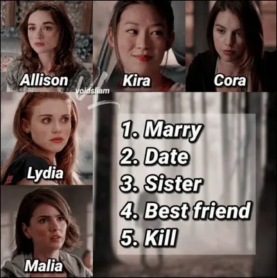 Quel choix se rapproche le plus du tien par rapport à l'image ci-dessus ? (pour information "best friend"/meilleure amie, "sister"/soeur, "kill"/tuer, "date"/rencard, "marry"/marier)