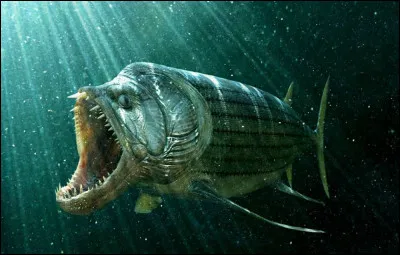 Je suis un énorme poisson du Crétacé, je mesure 5 m et je suis rapide dans l'eau.