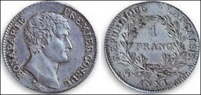 1803 - La première pièce en franc est créée sous Napoléon, alors premier consul. Avec les informations données et celles de la pièce ci-dessus, quelle est la date de création du franc germinal ?