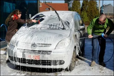 Laver sa voiture le week-end est une saine occupation. Quel est le modèle d'auto de ce couple belge en pleine action ?