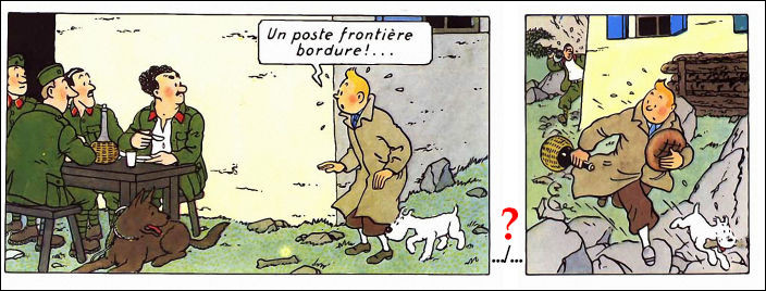 Tintin est décidément très fort ! Devant une telle situation (à gauche), comment est-il parvenu à s'en sortir, en une seule case ? [NB : Tenez compte de la situation et non de l'image en elle-même !]