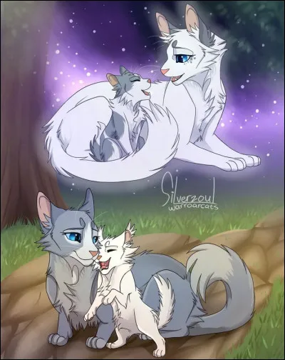 Pelage de Neige apparut alors à Lune Bleue, et lui murmura qu'elle prendrait soin de Petite Écume, tout comme elle avait prit soin de Tornade Blanche. La chatte blanche emmena alors sa nièce vers son nouveau foyer. Malgré son immense douleur, Lune Bleue confia à Cur de Chêne Petite Brume et Petit Silex. Mais au fait, la mère de Lune Bleue et de Pelage de Neige approuvait-elle cette décision ?