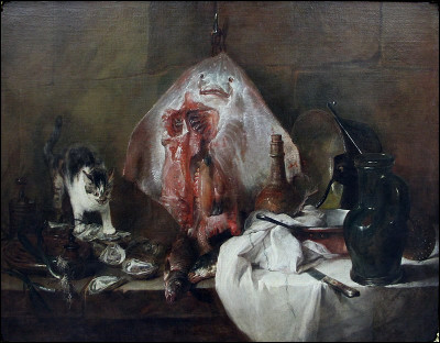 Quel est le nom de ce tableau réalisé en 1728 par Jean Siméon Chardin, représentant un chat volant de la nourriture ?