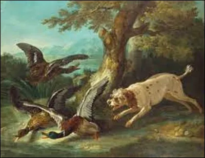 Artiste célèbre connu essentiellement pour ses peintures de chiens de chasse, ses natures mortes animalières et ses animaux exotiques, quel peintre dépeint ici une scène de chasse intitulée ''Épagneul poursuivant des canards'', toile datant de 1748 ?