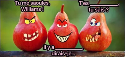 Les poires sont en pleine conférence : Williams dit à la belle Hélène, qui a peut-être un peu trop forcé sur le poiré, qu'elle est _________ et Louise, de la commissure des lèvres, nous dit quil y a ________. 
Rien na changé, donc. Cest comme dhabitude, quoi !