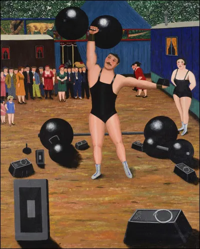 Et voici une toile intitulée "Cirque forain" et peinte par l'artiste d'art naïf :