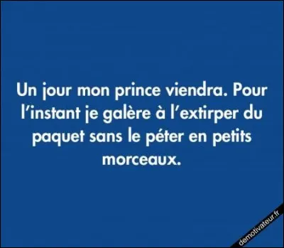 "Un jour mon prince viendra... Pour l'instant je galère à l'extirper du paquet sans le péter en petits morceaux"
Vu sur...