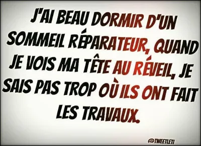 Épinglé par [...], (complétez) : "J'ai beau dormir d'un sommeil réparateur, quand je vois ma tête au réveil, je sais pas trop où ils ont fait les travaux".