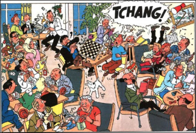 Dans le salon de "l’Hôtel des sommets", Tintin se lâche. Dans quel album est cette magnifique vignette prise sur le vif ?