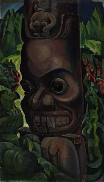 Qui est le crateur de l'oeuvre suivante : 'Mt totmique au grizzly, Angidah, rivire Nass', huile sur toile, v. 1930 ?