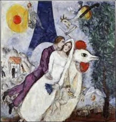 ''Les Mariés de la tour Eiffel'', est un tableau représentant ce peintre de l'École de Paris avec son épouse Bella Rosenfeld. Daté entre 1938 et 1939, qui en est l'auteur ?