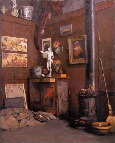 Qui est le peintre de la toile "Intérieur d'atelier au poêle" ?