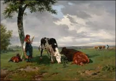 Huile sur toile exécutée entre 1842 et 1845, ''Bergère et Deux Vaches dans un pré'' est une peinture naturaliste. Quel est le nom de l'artiste qui a réalisé ce tableau ?