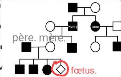 Ceci est un arbre généalogique. Imaginons que les personnes coloriées en noirs ont toutes une maladie qui peut se transmettre et qui est dominante par rapport à un humain sans la maladie. Le père a deux allèles de cette maladie et la mère n'en a pas. Le nouveau né aura-t-il cette maladie ?