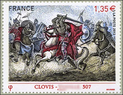 507 > Regardez-moi comment ce petit furieux de Clovis (en rouge, avec sa francisque-à-brelles*) nous l'a [... ?...] l'Alaric wisigoth, là !