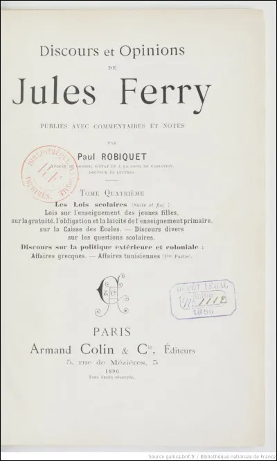 Cochez l'année du vote des lois scolaires Ferry qui rendent l'école laique, gratuite et obligatoire de 6 ans à 13 ans...