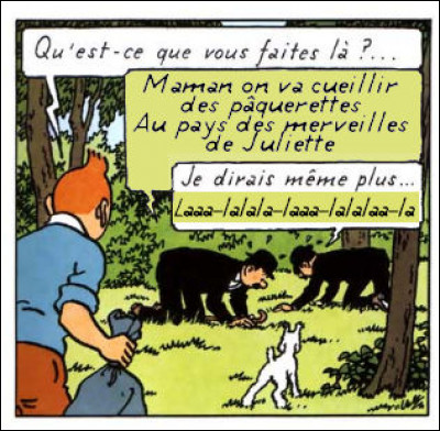 Mais c'est vrai qu'il en pose, des questions, le Tintin ! Les Dupondt chantent, voilà tout... Mais quoi ? [Le texte coloré correspond à l'emprunt !]