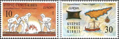 Chypre > On rappelle, sur ces timbres, les premiers [...quoi donc ?], au cours du IVe millénaire AEC, qui ont donné leur nom à l'île.