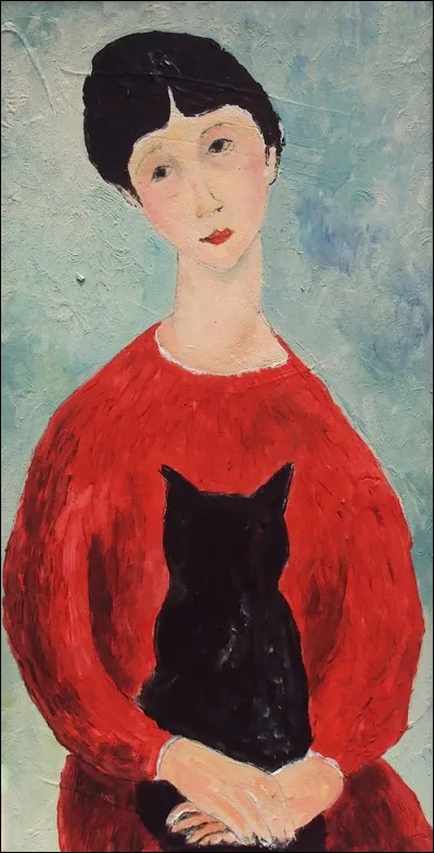 Quel peintre est l'auteur du tableau "Femme en rouge avec chat noir" ?