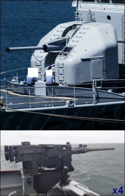 Ce patrouilleur est, avant tout, un navire de guerre. Donc, il est &eacute;quip&eacute; d'armes de d&eacute;fense et d'attaque. Nommez-les !