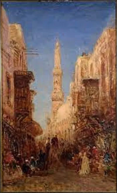 Direction l'Égypte et sa capitale Le Caire. Réalisée entre 1885 et 1890, quel orientaliste a peint cette toile intitulée ''Rue du vieux Caire'' ?