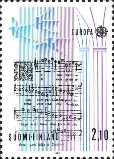 Suomi > Ce timbre finlandais rend hommage à une forme d'écriture musicale élaborée au Moyen-Âge : laquelle ?