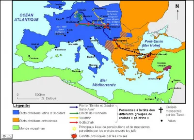 Cette croisade (de la question 5) amena près de 40 000 personnes non combattantes vers Jérusalem. Elles décidèrent d'y aller pour échapper à la famine et aux épidémies. Cette croisade où régna l'anarchie commit de nombreux crimes sur son chemin dont :