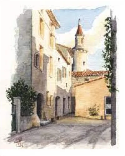 Sur cette image se trouve une aquarelle repr&eacute;sentant la tour de la mairie de Saint-C&ocirc;me-et-Maru&eacute;jols. Village occitan, dans la m&eacute;tropole N&icirc;moise, il se situe dans le d&eacute;partement ...