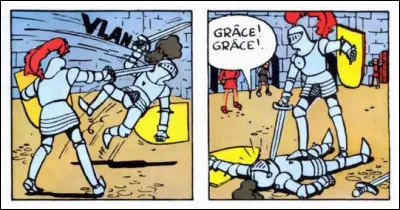 Techniques de combat : à gauche, il a frappé "de taille" et il s'apprête, à droite, à ... (Complétez !)