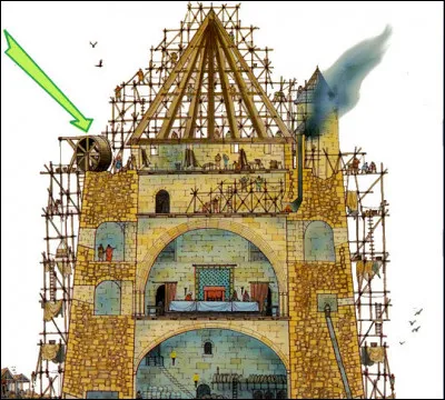 On voit qu'à l'époque, déjà, les maçons étaient toujours en retard : le seigneur emménageait donc dans un château en travaux... Quel est l'engin montré par la flèche ?