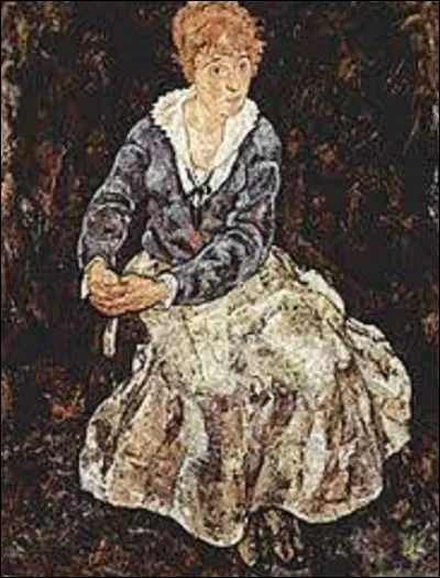 Exécuté en 1918, quel expressionniste a immortalisé sa compagne dans ce tableau nommé ''Portrait de la femme de l'artiste, assise'' ?