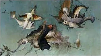 La photo est une partie d'un des trois panneaux titrés "La Tentation de saint Antoine" uvre réalisée par Jérôme Bosch, peintre des 15e et 16e siècles d'origine...