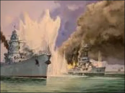Ce tableau de Michel Guyot représente la destruction de la flotte française par les Anglais le 3 juillet 1940. La scène se passe...