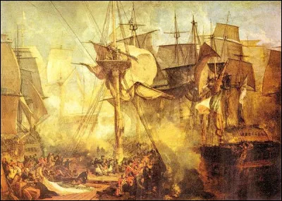 Même question pour cette toile de William Turner qui décrit une bataille navale ayant eu lieu le 21 octobre 1805. La scène se passe...