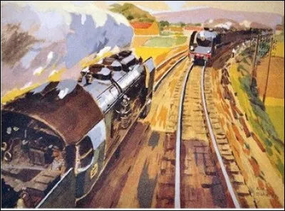 Le peintre ferroviaire André Schefer a représenté ici, en pleine action, une locomotive célèbre des années 1920. Quelle est cette machine ?