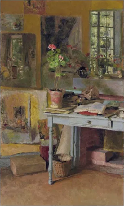 Qui a peint "Aux Clayes, géranium sur une table bleue, devant une fenêtre" ?