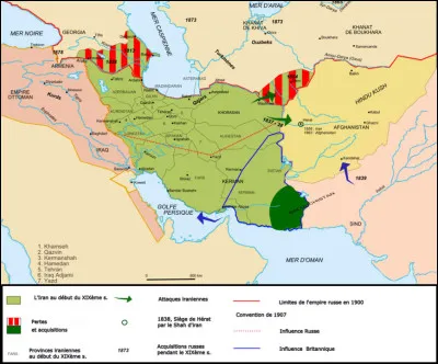 Au cours du XIXe s., l'Iran a connu diverses guerres contre [...qui donc ?...] et a [...gagné ou perdu ?...] plusieurs territoires.