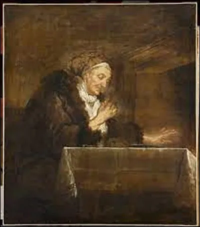 Huile sur toile, ''Vieille femme mangeant au coin du feu'' est un tableau réalisé par un peintre d'histoires décoratives, de portraits et de scènes de genres. De ces 3 artistes, lequel a immortalisé cette scène ?