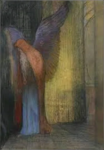 Pastel datant de 1890, ''Vieillard ailé barbu, la tête voilée, debout devant un pilier'', est un tableau créé par un symboliste. Qui est l'auteur de cette peinture ?