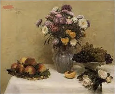 ''Roses blanches, chrysanthèmes dans un vase : pêches et raisins sur une table à la nappe blanche'', est un tableau datant de 1876. Quel réaliste a exécuté cette nature morte ?