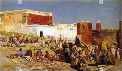 Peinture à l'huile datant de 1880, quel orientaliste américain a réalisé ce tableau nommé ''Marché ouvert, Rabat'' ?