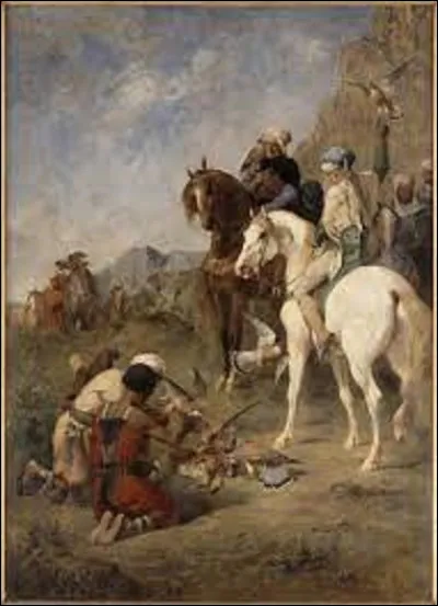 On continue notre balade dans ce pays en cherchant un orientaliste. De ces trois membres, lequel a réalisé, en 1863, ce tableau nommé ''Chasse au faucon en Algérie : la curée'' ?