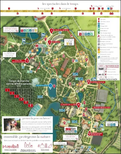 Combien de temps de marche prévoit le Parc entre "Le Signe du Triomphe" et "Le Secret de la Lance" ?