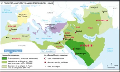 Observe bien la carte ci-dessous. 
Selon la carte, quelles villes étaient musulmanes à la mort de Mohammed et quel est le pays le plus touché par l'islam à cette époque ?