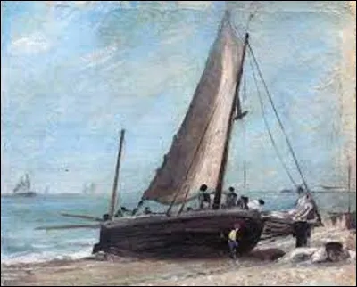 Huile sur papier peinte en 1824, ''La Plage de Brighton avec bateau de pêche et équipage'' est une toile réalisée par un romantique anglais. Lequel a immortalisé cette scène ?