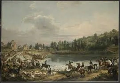 Entre 1825 et 1827, quel peintre de genre a immortalisé cette scène intitulée ''Chasse au daim pour la saint Hubert, en 1818, dans le bois de Meudon'' ?