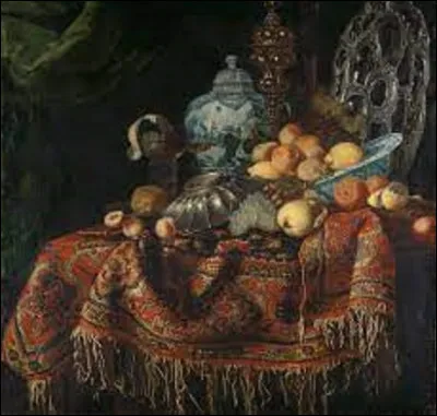 Lequel de ces trois artistes italiens a réalisé, vers 1650, ce tableau intitulé ''Nature morte aux fruits, plats sur un tapis turc'' ?