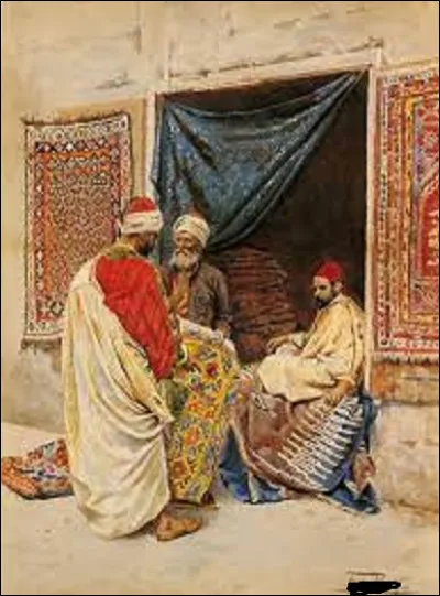 Parmi ces trois orientalistes italiens, lequel a réalisé ce tableau nommé ''Un Marchand de tapis'' ?