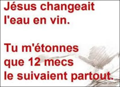 Citation : 
Quel humoriste a prononcé cette phrase ?
''Jésus changeait l'eau en vin et tu t'étonnes que douze mecs le suivaient partout. ''